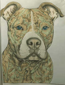 a drawing of a dog with blue eyes and a floral pattern