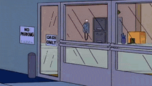 a cartoon shows a sign that says no parking and cash only