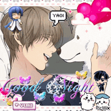 a picture of a boy with a dog and a speech bubble saying yaoi