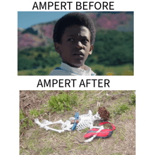 a picture of a boy and a picture of a skeleton that says ' ampert before ampert after ' on it
