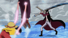 a man holding a large sword is standing next to a man in a hat