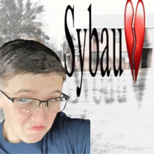 a boy wearing glasses is making a face in front of a poster that says sybau