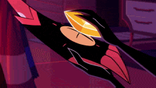 a cartoon drawing of a black and red bird with a yellow beak