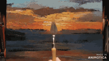 a painting of a sunset with the words made in animatica on the bottom