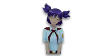 a girl with purple hair is wearing a blue shirt and a red bow tie