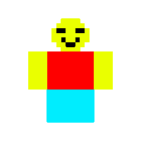 a pixel art drawing of a man with a yellow face and a red shirt and blue shorts .