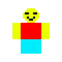 a pixel art drawing of a man with a yellow face and a red shirt and blue shorts .