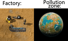 a picture of a factory and a picture of a planet with the words factory and pollution zone