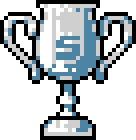 a pixel art illustration of a trophy with the letter s on it