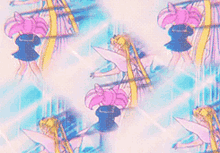 a pattern of sailor moon characters flying in the air .
