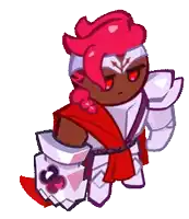 a cartoon character with a red hair and white armor is holding a shield and a sword .