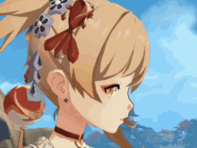 a close up of a girl 's face with a ponytail and flowers in her hair