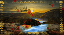 a painting of a waterfall surrounded by mountains and flowers