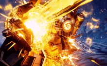 a robot is being destroyed in a video game with a yellow light coming out of the center