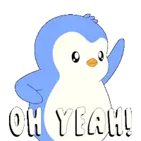 a blue and white penguin with the words oh yeah on it