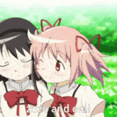 a couple of anime girls standing next to each other with the words " zozo and emi " on the bottom right