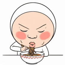a cartoon of a man eating a bowl of noodles with chopsticks and the word spirit on the bottom