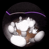 a group of white cartoon characters are gathered around a table