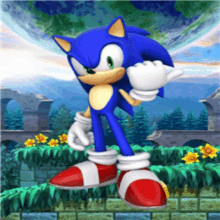 a picture of sonic the hedgehog standing in front of a brick wall