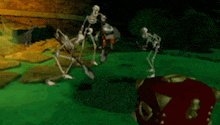 a group of skeletons are playing a video game and one of them is holding an axe