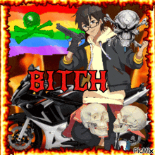 a picture of a man on a motorcycle with the word bitch in red letters