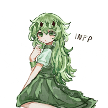 a drawing of a girl with green hair and the letters infp