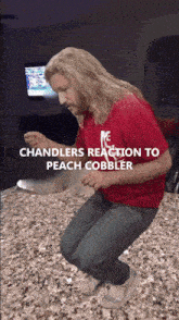 a man in a red shirt with the word chandlers on it