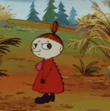 a cartoon character in a red dress is standing in a field with trees in the background