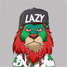 a cartoon lion wearing a hat that says lazy on it