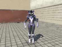 a video game character is standing on a tiled floor in front of a building