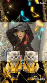 a picture of a woman with two cats wearing yellow jackets