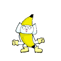 a cartoon drawing of a banana with a white face and arms