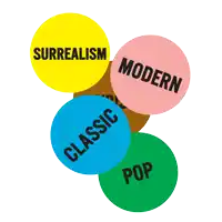 a bunch of colorful circles with the words surrealism modern classic and pop