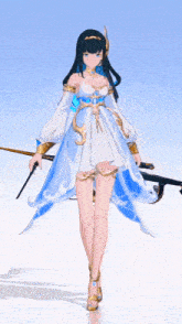 a girl in a white dress holds a sword