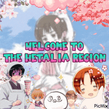 a welcome to the hetalia region poster with a collage of anime characters