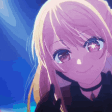 a close up of a blonde anime girl with a choker around her neck