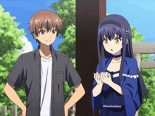 a boy and a girl are standing next to each other in an anime scene