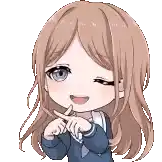 a pixel art illustration of a girl with long hair and blue eyes making a peace sign .