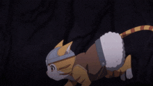a cat wearing a helmet and a furry tail