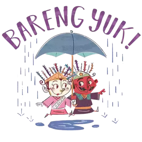 Ondel-ondels Under Umbrella With Caption "Do It Together" In Indonesian Sticker - Ondel Ondel In Love Raining Umbrella Stickers