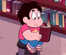a cartoon character is reading a book in a library