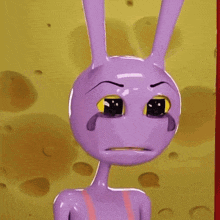 a purple cartoon character is crying in front of a white toilet