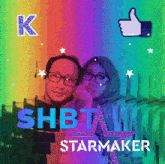 a man and a woman are standing next to each other with shbt starmaker written below them