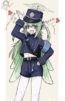 a drawing of a girl with green hair wearing a police hat