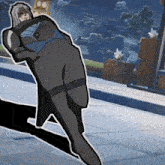 a cartoon character is standing on a sidewalk with his arms crossed .