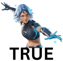 a woman with blue hair is standing in front of a white background that says true