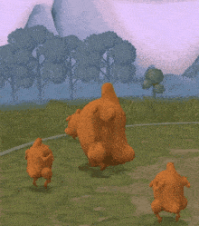 a group of cartoon chickens are running in a field with mountains in the background .