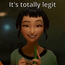 a cartoon girl holding a green object with the words it 's totally legit above her