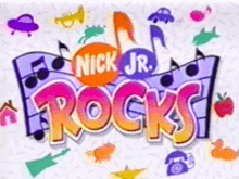 the logo for nick jr. rocks is surrounded by music notes and a phone .