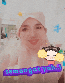 a woman wearing a pink hijab is smiling with a cartoon girl behind her that says semangatyah